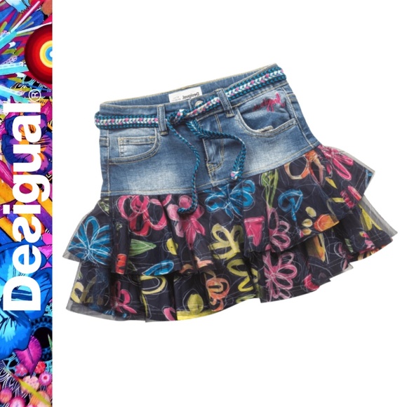 NWT Desigual Girl’s Denim Navy & Floral Skirt || Size 7/8 - Picture 1 of 12
